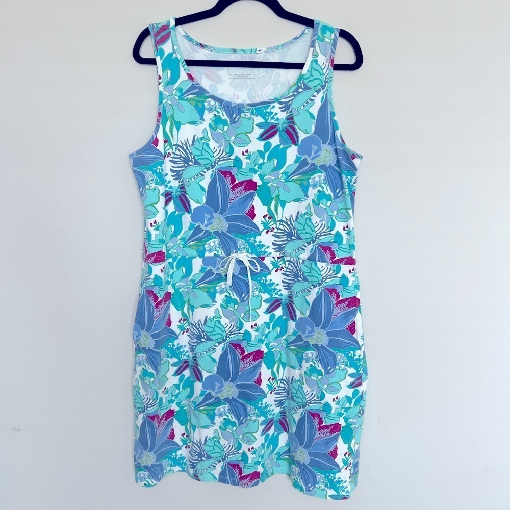 Talbots Floral Stretch Dress Tie Waist Beach  Lounge Sports Cotton Pockets sz L - Picture 2 of 8